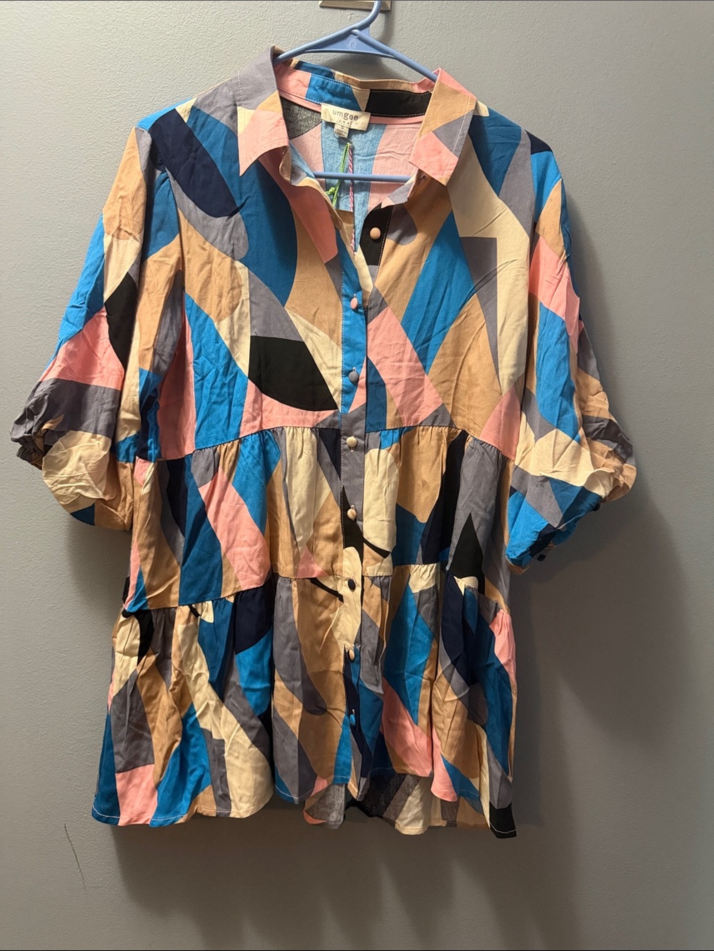 Umgee Geometric Multicolor Button-Front Peplum Shirt